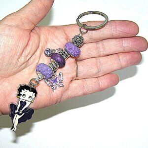 Betty Boop Key Chain With Purple European Beads And Charms, Butterfly, Crystals